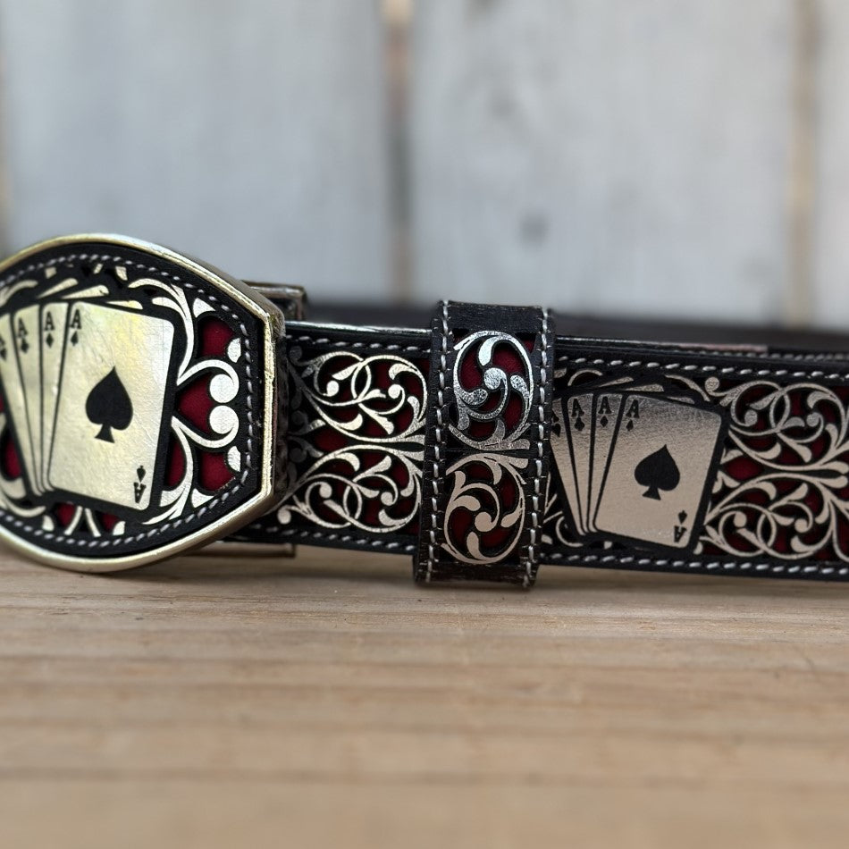 Laser Cut Belt "4 Aces" Silver - Western Belts for Men