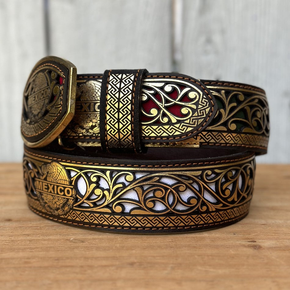 Golden "Mexico" Laser Cut Belt with Green, White and Red Background - Western Belts for Men