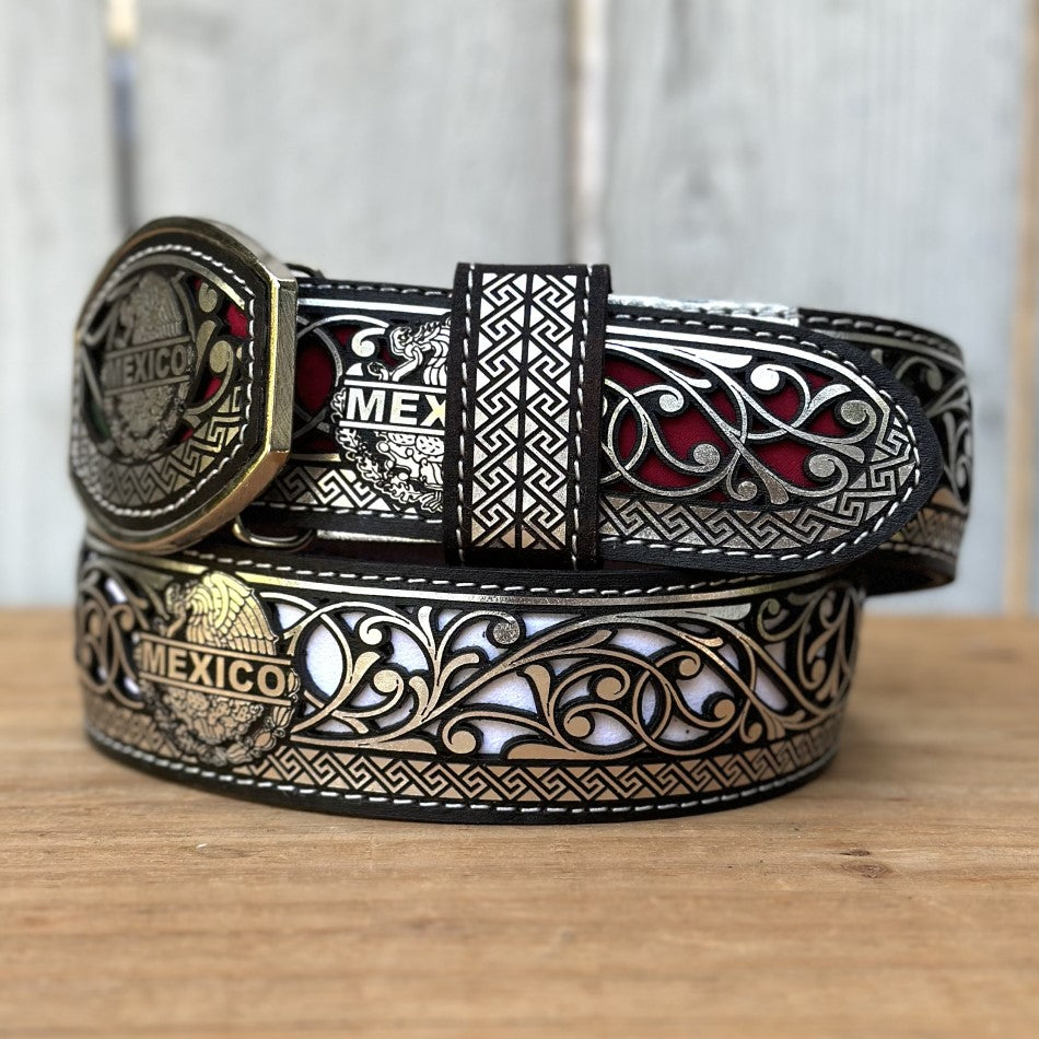 Silver "Mexico" Laser Cut Belt with Green, White and Red Background - Western Belts for Men