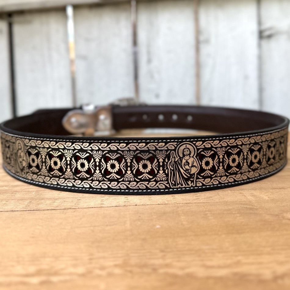 Silver "San Judas" Laser Cut Belt - Western Belts for Men