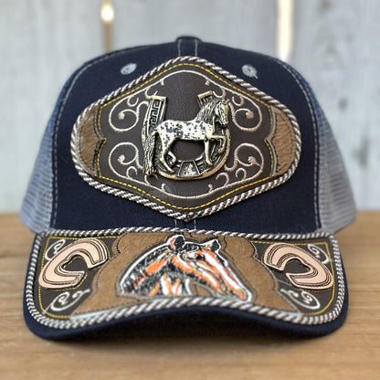 Gorra Vaquera Azul con Caballo y Herradura - Gorras Artesanales Mexicanas