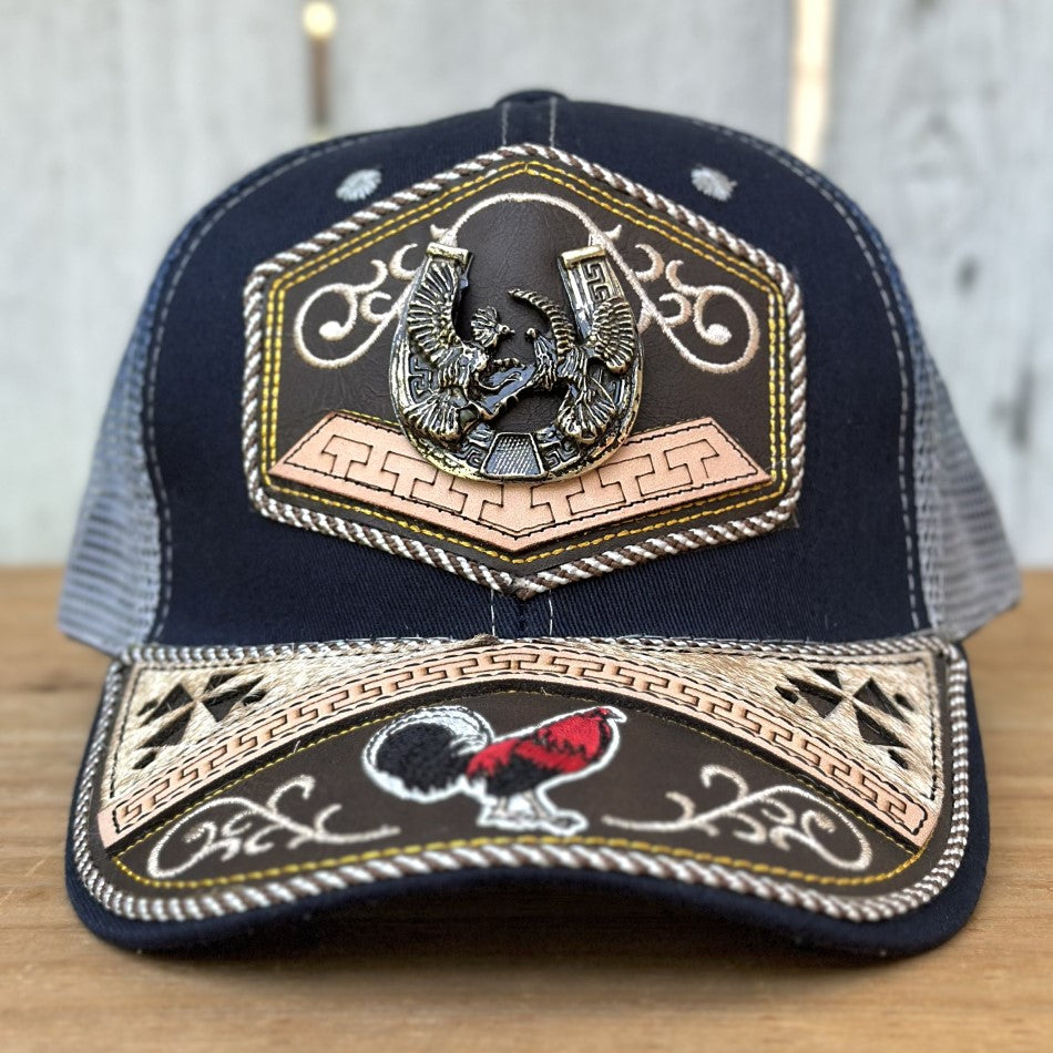 Gorra Vaquera Azul con Gallos y Herradura - Gorras Artesanales Mexicanas