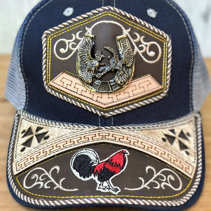 Gorra Vaquera Azul con Gallos y Herradura - Gorras Artesanales Mexicanas (2)