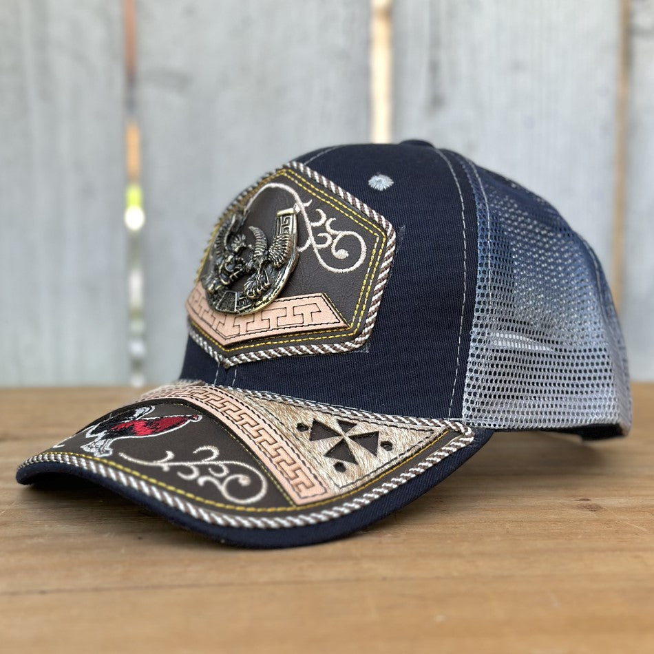 Gorra Vaquera Azul con Gallos y Herradura - Gorras Artesanales Mexicanas (3)