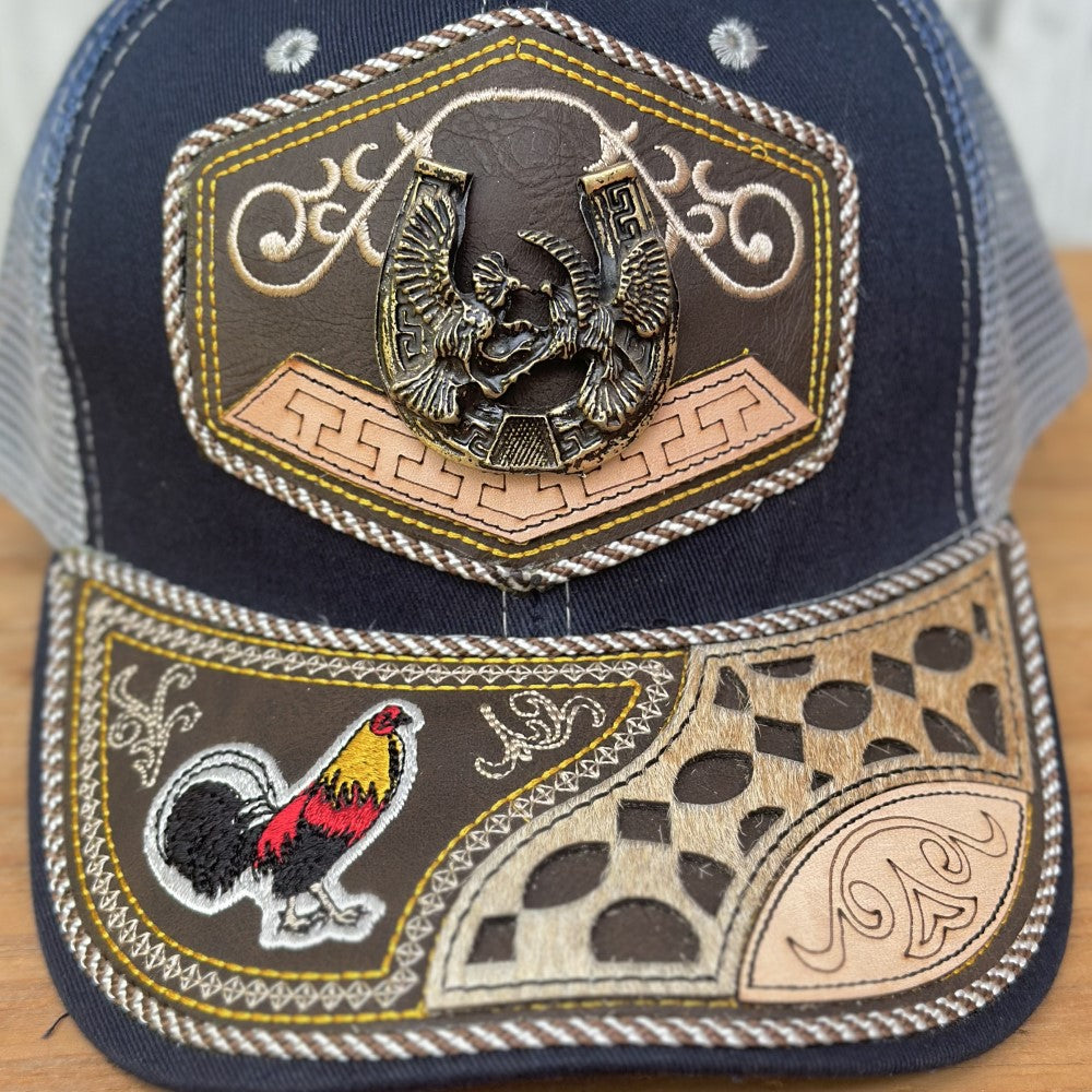 Gorra Vaquera Azul con Gallo y Herradura - Gorras Artesanales Mexicanas (2)