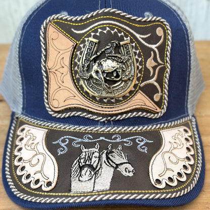 Gorra Vaquera Azul con Jinete y Herradura - Gorras Artesanales Mexicanas (2)