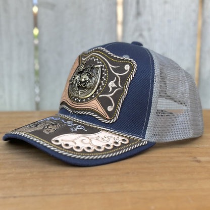 Gorra Vaquera Azul con Jinete y Herradura - Gorras Artesanales Mexicanas (3)