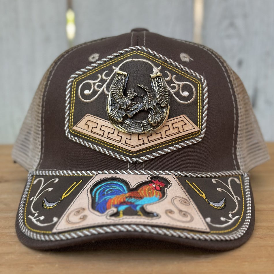 Brown Western Cap with Roosters and Horseshoe - Mexican Handcrafted Caps