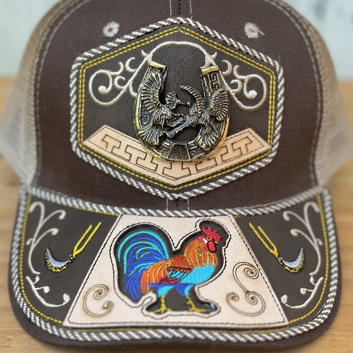 Brown Western Cap with Roosters and Horseshoe - Mexican Handcrafted Caps