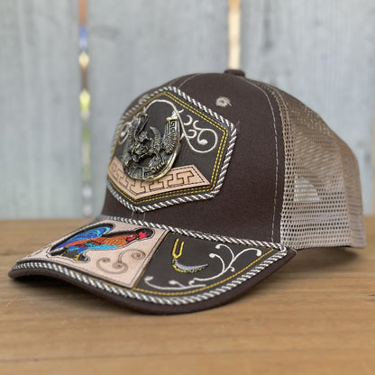 Brown Western Cap with Roosters and Horseshoe - Mexican Handcrafted Caps