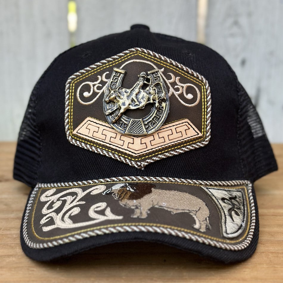 Gorra Vaquera Negra con Jinete y Herradura - Gorras Artesanales Mexicanas