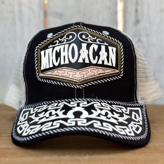 Gorra de Michoacan Negra con Diseño Greca - Gorras Mexicanas Artesanales