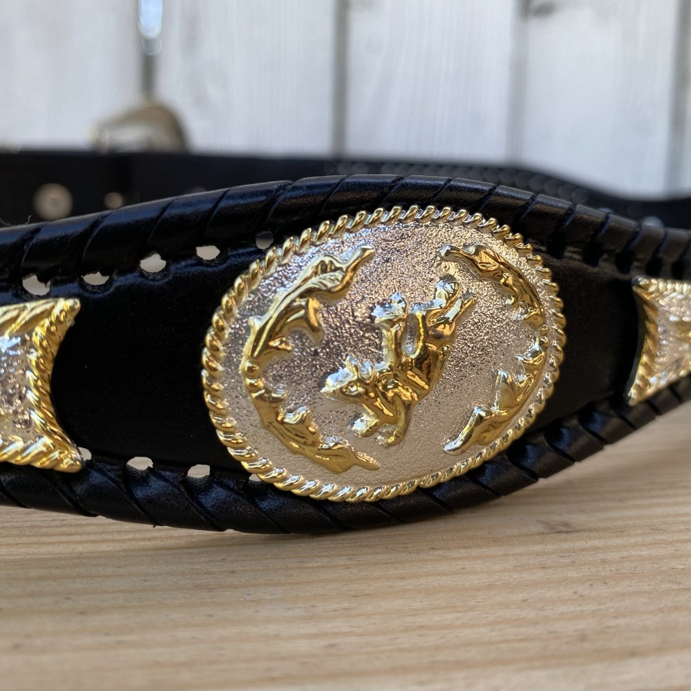 Men Women Black Longhorn Buckle Gold Black Horse Concho Hardware Black Contrast Gold Stitches Super popular Thicken Strap Tooled Belt