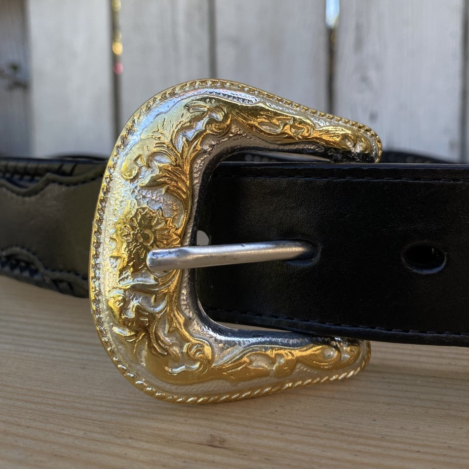 Men Women Black Longhorn Buckle Gold Black Cowboy Prayer Concho Hardware Black hot Contrast Gold Stitches Super Thicken Strap Tooled Belt