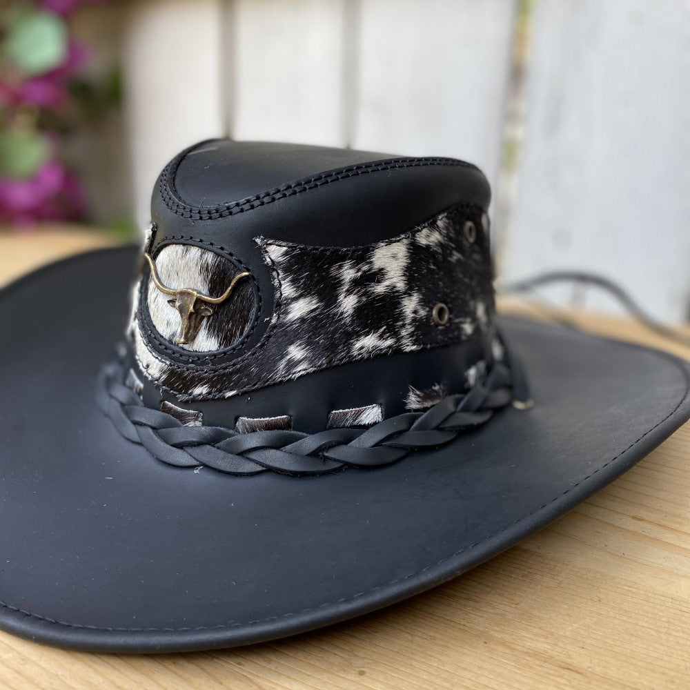 Sombrero de Cuero Negro con Pelo de Vaca Original - Sombreros de Cuero